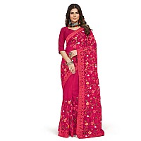 Jaanvi fashion Womens Floral Embroidery Work Net Silk Saree with Lace Border Blouse Piece mmrealmepink