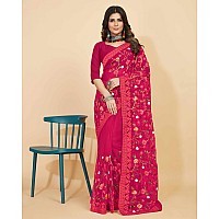 Jaanvi fashion Womens Floral Embroidery Work Net Silk Saree with Lace Border Blouse Piece mmrealmepink