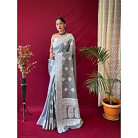 SGF11 Womens Kanjivaram Soft Cotton Linen Silk Saree With Blouse Piece Gray