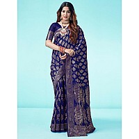 SAMAH Womens Art Silk Banarasi Jacquard Saree with Unstitched Blouse Piece 3409S109NNavy Blue Gold