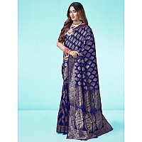 SAMAH Womens Art Silk Banarasi Jacquard Saree with Unstitched Blouse Piece 3409S109NNavy Blue Gold