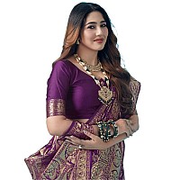 SAMAH Womens Art Silk Banarasi Jacquard Saree with Unstitched Blouse Piece (3412S153N_Dark Purple & Gold)