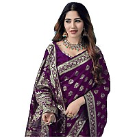 SAMAH Womens Art Silk Banarasi Jacquard Saree with Unstitched Blouse Piece 3409S106NDark Purple Gold2