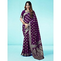 SAMAH Womens Art Silk Banarasi Jacquard Saree with Unstitched Blouse Piece 3409S106NDark Purple Gold2