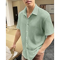 Indoprimo Mens Regular Fit Self Design Spread Collar Casual Half Sleeve Shirt Pop Large Green