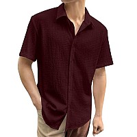 Indoprimo Mens Regular Fit Self Design Spread Collar Casual Half Sleeve Shirt Pop Medium Maroon