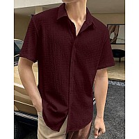 Indoprimo Mens Regular Fit Self Design Spread Collar Casual Half Sleeve Shirt Pop Medium Maroon