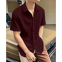 Indoprimo Mens Regular Fit Self Design Spread Collar Casual Half Sleeve Shirt Pop Medium Maroon