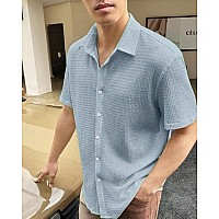 Indoprimo Mens Regular Fit Self Design Spread Collar Casual Half Sleeve Shirt Pop Small Sky