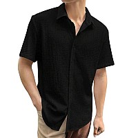 Indoprimo Mens Regular Fit Self Design Spread Collar Casual Half Sleeve Shirt Pop Large Black