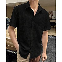 Indoprimo Mens Regular Fit Self Design Spread Collar Casual Half Sleeve Shirt Pop Large Black