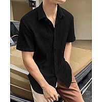 Indoprimo Mens Regular Fit Self Design Spread Collar Casual Half Sleeve Shirt Pop Large Black