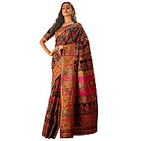 AKHILAM Womens Cotton Silk Botanical Woven Design Saree With Unstitched Blouse Piece BlackKSHMRI1002RJ