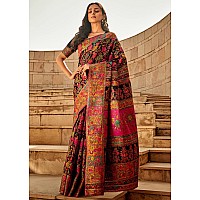 AKHILAM Womens Cotton Silk Botanical Woven Design Saree With Unstitched Blouse Piece BlackKSHMRI1002RJ