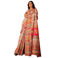 AKHILAM Womens Cotton Silk Botanical Woven Design Saree With Unstitched Blouse Piece WhiteKSHMRI1006RJ