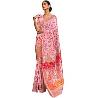 SGF11 Womens Kanjivaram Pure Soft Silk Handloom Saree Pure Golden Zari With Blouse Piece Pink1