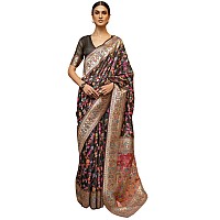 SGF11 Womens Kanjivaram Pure Soft Silk Handloom Saree Pure Golden Zari With Blouse Piece Black Kashmiri