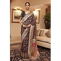 SGF11 Womens Kanjivaram Pure Soft Silk Handloom Saree Pure Golden Zari With Blouse Piece Black Kashmiri