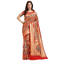 Jaanvi fashion Womens Paithani Silk Saree With Zari Work Blouse Piece Red purple