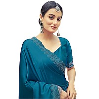 SIRIL Satin Silk Stone Work Saree for Women With Unstitched Blouse Piece 3431S290Teal Blue