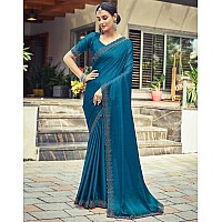 SIRIL Satin Silk Stone Work Saree for Women With Unstitched Blouse Piece 3431S290Teal Blue