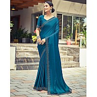 SIRIL Satin Silk Stone Work Saree for Women With Unstitched Blouse Piece 3431S290Teal Blue