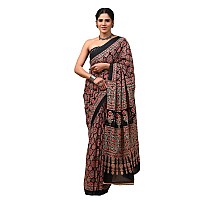 Crafts Moda Womens Cotton Ajrakh Print Saree With Blouse Piece, Multicolour