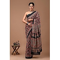 Crafts Moda Womens Cotton Ajrakh Print Saree With Blouse Piece, Multicolour