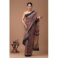 Crafts Moda Womens Cotton Ajrakh Print Saree With Blouse Piece, Multicolour