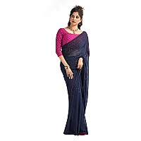 SIRIL Womens Georgette Sequence Work Saree With Unstitched Blouse Piece 3475S708Navy Blue