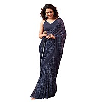 SIRIL Womens Georgette Geometric Printed Saree With Unstitched Blouse Piece 3448S1083Dark Blue