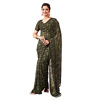 SIRIL Womens Georgette Geometric Printed Saree With Unstitched Blouse Piece 3448S1084Dark Green