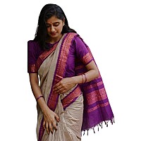 SGF11 Womens Kanjivaram Soft Lichi Silk Saree With Blouse Piece Cream Purple