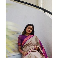 SGF11 Womens Kanjivaram Soft Lichi Silk Saree With Blouse Piece Cream Purple