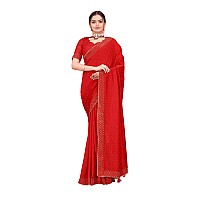 SWADESI STUFF Vichitra Silk Saree with Banglory Silk Blouse Stunning Crystal Fix Embellishments Latest Wear for Women Red