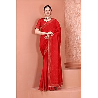 SWADESI STUFF Vichitra Silk Saree with Banglory Silk Blouse Stunning Crystal Fix Embellishments Latest Wear for Women Red