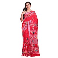 T.J. SAREES Womens Handloom Pure Cotton Linen Hand Block Batik Print Design Saree With Blouse Piece (Pink, Pack Of 1)