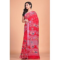 T.J. SAREES Womens Handloom Pure Cotton Linen Hand Block Batik Print Design Saree With Blouse Piece (Pink, Pack Of 1)