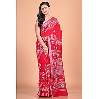 T.J. SAREES Womens Handloom Pure Cotton Linen Hand Block Batik Print Design Saree With Blouse Piece (Pink, Pack Of 1)