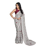 MANOHARI Grey Poly Georgette Sequence And Embroidery Saree With Blouse Piece_Mn1921 - Women