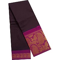 Cotton Saree - Big Border & Plain Body Saree Without Blouse Piece for Women (Dark Brown Megenda)