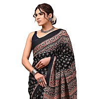 Crafts Moda Women Ajrakh Print Pure Cotton Black Saree Floral Printed With Unstitched Blouse