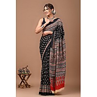 Crafts Moda Women Ajrakh Print Pure Cotton Black Saree Floral Printed With Unstitched Blouse