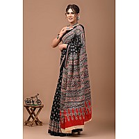 Crafts Moda Women Ajrakh Print Pure Cotton Black Saree Floral Printed With Unstitched Blouse