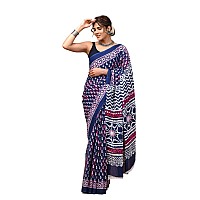 Crafts Moda Pure Cotton Saree for Women Blue Floral Printed with Unstitched Blouse