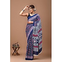 Crafts Moda Pure Cotton Saree for Women Blue Floral Printed with Unstitched Blouse