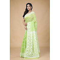 OISHANI SAREE GHOR Womens Traditional Bengal Cotton Silk Jamdani Saree Neon Green