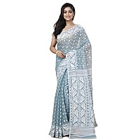 OISHANI SAREE GHOR Womens Traditional Bengal Cotton Silk Jamdani Saree Grey Sky