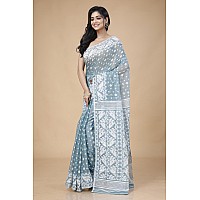 OISHANI SAREE GHOR Womens Traditional Bengal Cotton Silk Jamdani Saree Grey Sky