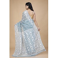 OISHANI SAREE GHOR Womens Traditional Bengal Cotton Silk Jamdani Saree Grey Sky